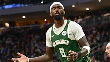Jan 23, 2025; Milwaukee, Wisconsin, USA;  Milwaukee Bucks forward Bobby Portis (9) reacts in the fourth quarter against the Miami Heat at Fiserv Forum. Mandatory Credit: Benny Sieu-Imagn Images