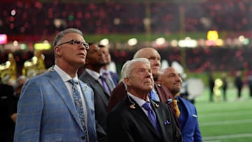 Feb 9, 2025; New Orleans, LA, USA; Fox Sports NFL Sunday analyst Howie Long, Fox Sports NFL Sunday analyst Jimmie Johnson, and Fox NFL Sunday co-host Terry Bradshaw before Super Bowl LIX between the Philadelphia Eagles and the Kansas City Chiefs at Caesars Superdome. 