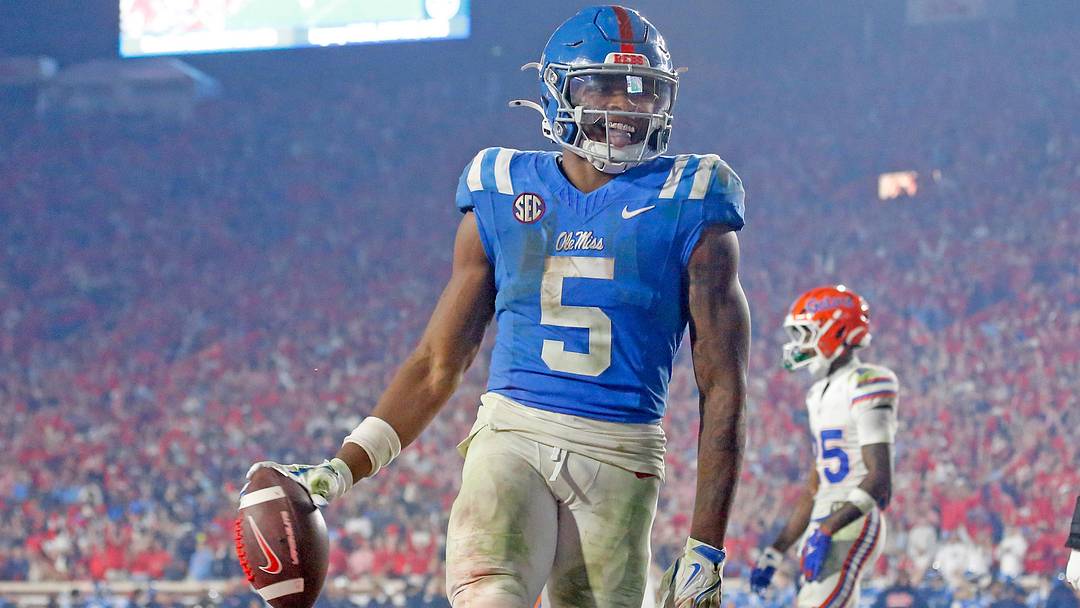 Ole Miss Rebels running back Kewan Lacy (5) reacts after a touchdown run during the fourth quarter against the Florida Gators at Vaught-Hemingway Stadium. 