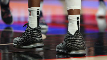 Nov 5, 2023; Portland, Oregon, USA;  Shoes worn by Portland Trail Blazers center Robert Williams III (35) in the first half against the Memphis Grizzlies at Moda Center. Mandatory Credit: Jaime Valdez-Imagn Images