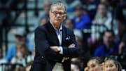 Mar 10, 2025; Uncasville, CT, USA; UConn Huskies head coach Geno Auriemma watches from the sideline as they take on the Creighton Bluejays at Mohegan Sun Arena. Mandatory Credit: David Butler II-Imagn Images