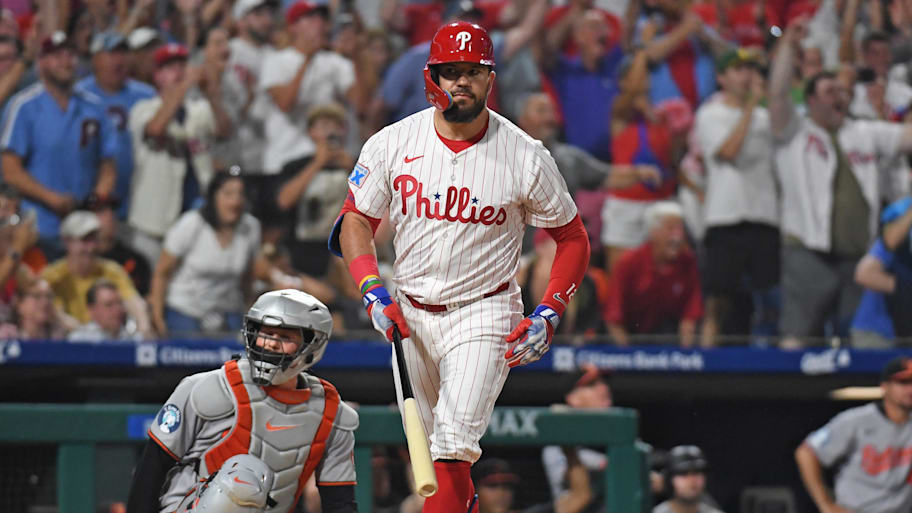 Kyle Schwarber hit two home runs, including a grand slam, against the Baltimore Orioles Monday. | Eric Hartline-Imagn Images