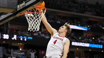 Mar 27, 2025; Newark, NJ, USA; Alabama Crimson Tide forward Grant Nelson (4) dunks during the first half against the Brigham Young Cougars during an East Regional semifinal of the 2025 NCAA tournament at Prudential Center. Mandatory Credit: Robert Deutsch-Imagn Images