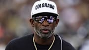 Oct 11, 2025; Boulder, Colorado, USA; Colorado Buffaloes head coach Deion Sanders before the game against the Iowa State Cyclones  at Folsom Field. Mandatory Credit: Ron Chenoy-Imagn Images