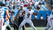 Sep 21, 2025; Charlotte, North Carolina, USA; Atlanta Falcons quarterback Michael Penix Jr. (9) throws a pass during the first half of a game between Carolina Panthers and the Atlanta Falcons at Bank of America Stadium. Mandatory Credit: Cory Knowlton-Imagn Images