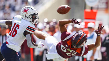 Sep 25, 2021; Blacksburg, Virginia, USA; Virginia Tech Hokies wide receiver Kaleb Smith (80) drops a