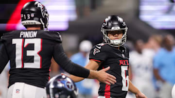 Aug 15, 2025; Atlanta, Georgia, USA; Atlanta Falcons place kicker Younghoe Koo (6) celebrates with punter Bradley Pinion (13) after a field goal against the Tennessee Titans in the second quarter at Mercedes-Benz Stadium. Mandatory Credit: Brett Davis-Imagn Images
