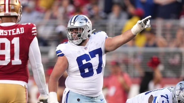 Dallas Cowboys center Brock Hoffman (67) gestures during the second quarter against the San Francisco 49ers