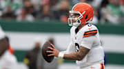 Cleveland Browns quarterback Dillon Gabriel (8) drops back for a pass during an NFL Week 10 game between the New York Jets and the Cleveland Browns at MetLife Stadium on Sunday, Nov. 9, 2025.