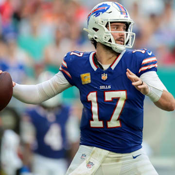 Nov 9, 2025; Miami Gardens, Florida, USA; Buffalo Bills quarterback Josh Allen (17) throws during the second half against the Miami Dolphins at Hard Rock Stadium.