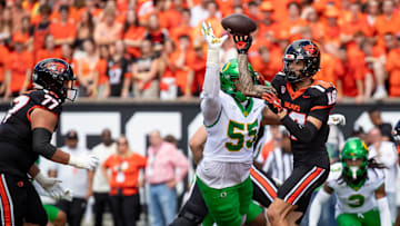 Oregon defensive lineman Derrick Harmon pressures Oregon State wide receiver Jeremiah Noga as the Oregon State Beavers host the Oregon Ducks Saturday, Sept. 14, 2024 at Reser Stadium in Corvallis, Ore.