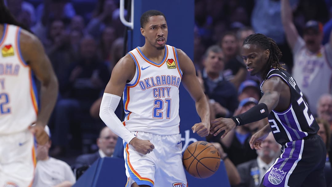 Oct 28, 2025; Oklahoma City, Oklahoma, USA; Oklahoma City Thunder guard Aaron Wiggins (21) reacts after dunking against the Sacramento Kings during the second quarter at Paycom Center. Mandatory Credit: Alonzo Adams-Imagn Images