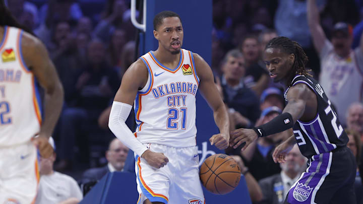 Oct 28, 2025; Oklahoma City, Oklahoma, USA; Oklahoma City Thunder guard Aaron Wiggins (21) reacts after dunking against the Sacramento Kings during the second quarter at Paycom Center. Mandatory Credit: Alonzo Adams-Imagn Images