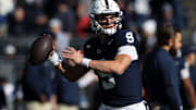 Nov 2, 2024; University Park, Pennsylvania, USA; Penn State Nittany Lions quarterback Beau Pribula (9) looks to throw a pass during a warmup prior to the game against the Ohio State Buckeyes at Beaver Stadium. Mandatory Credit: Matthew O'Haren-Imagn Images