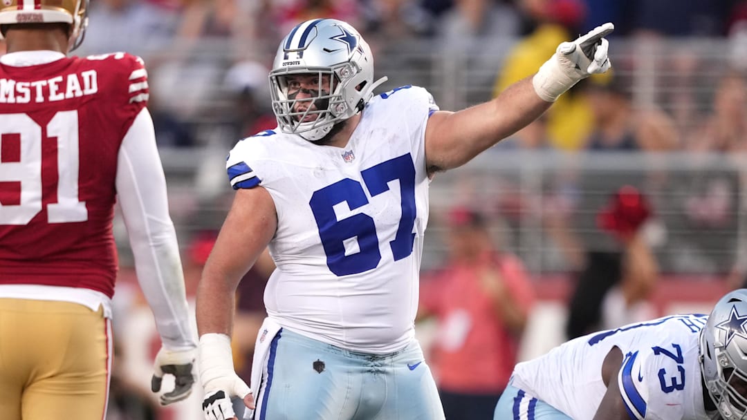 Oct 8, 2023; Santa Clara, California, USA; Dallas Cowboys center Brock Hoffman (67) gestures during the second quarter against the San Francisco 49ers at Levi's Stadium. Mandatory Credit: Darren Yamashita-Imagn Images