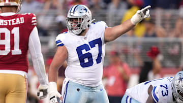 Oct 8, 2023; Santa Clara, California, USA; Dallas Cowboys center Brock Hoffman (67) gestures during the second quarter against the San Francisco 49ers at Levi's Stadium. Mandatory Credit: Darren Yamashita-Imagn Images