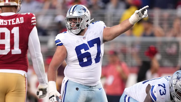 Oct 8, 2023; Santa Clara, California, USA; Dallas Cowboys center Brock Hoffman (67) gestures during the second quarter against the San Francisco 49ers at Levi's Stadium. Mandatory Credit: Darren Yamashita-Imagn Images