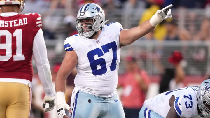 Oct 8, 2023; Santa Clara, California, USA; Dallas Cowboys center Brock Hoffman (67) gestures during the second quarter against the San Francisco 49ers at Levi's Stadium. Mandatory Credit: Darren Yamashita-USA TODAY Sports