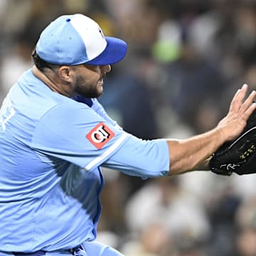 Jun 20, 2025; San Diego, California, USA; Kansas City Royals relief pitcher Carlos Estevez (53) celebrates after the Royals beat the San Diego Padres 6-5 at Petco Park. Mandatory Credit: Denis Poroy-Imagn Images