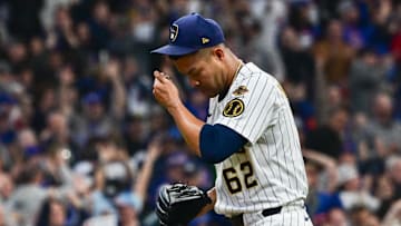 May 3, 2025; Milwaukee, Wisconsin, USA; Milwaukee Brewers starting pitcher Jose Quintana (62) reacts after giving up back-to-back home runs in the fourth inning against the Chicago Cubs at American Family Field. Mandatory Credit: Benny Sieu-Imagn Images
