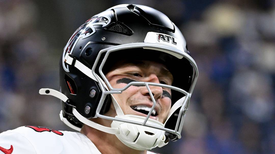 Aug 22, 2026; Indianapolis, Indiana, USA; Atlanta Falcons quarterback Jack Strand (18) celebrates after a touchdown against the Indianapolis Colts during the second half at Lucas Oil Stadium. Mandatory Credit: Robert Goddin-Imagn Images