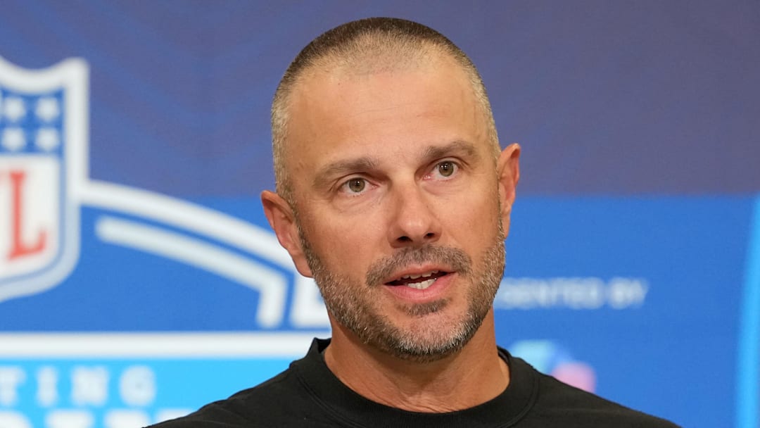 Feb 24, 2026; Indianapolis, IN, USA; Las Vegas Raiders general manager John Spytek speaks at the NFL Scouting Combine at the Indiana Convention Center. Mandatory Credit: Kirby Lee-Imagn Images