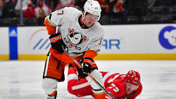 Nov 15, 2022; Anaheim, California, USA; Anaheim Ducks center Mason McTavish (37) moves the puck ahead of Detroit Red Wings left wing Adam Erne (73) during the second period at Honda Center. Mandatory Credit: Gary A. Vasquez-Imagn Images