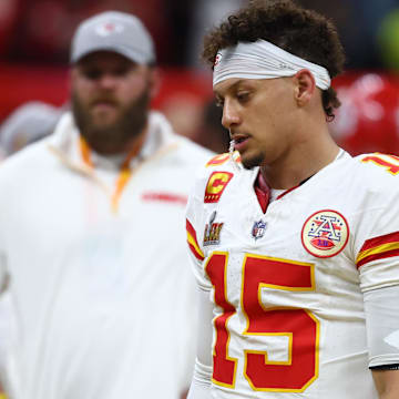 Feb 9, 2025; New Orleans, LA, USA; Kansas City Chiefs quarterback Patrick Mahomes (15) reacts in the fourth quarter against the Philadelphia Eagles in Super Bowl LIX at Ceasars Superdome. Mandatory Credit: Mark J. Rebilas-Imagn Images