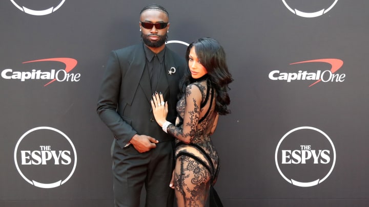 Jul 11, 2024; Los Angeles, CA, USA; Boston Celtics guard Jaylen Brown and Kysre Gondrezick arrive on the red carpet before the 2024 ESPYS at Dolby Theatre. 