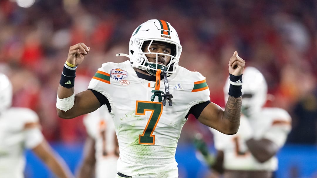 Jan 8, 2026; Glendale, AZ, USA; Miami Hurricanes defensive back Zechariah Poyser (7) against the Mississippi Rebels during the 2026 Fiesta Bowl and semifinal game of the College Football Playoff at State Farm Stadium. Mandatory Credit: Mark J. Rebilas-Imagn Images
