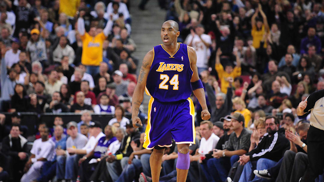 December 26, 2009; Sacramento, CA, USA; Los Angeles Lakers guard Kobe Bryant (24) celebrates after making a basket during the second overtime against the Sacramento Kings.