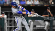 Jul 30, 2024; Chicago, Illinois, USA; Kansas City Royals shortstop Bobby Witt Jr. (7) hits an RBI single during the eighth inning against the Chicago White Sox at Guaranteed Rate Field. Mandatory Credit: Patrick Gorski-USA TODAY Sports