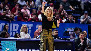 Mar 22, 2025; Baton Rouge, Louisiana, USA;  Florida State Seminoles head coach Brooke Wyckoff reacts to a play against the George Mason Patriots during the first half at Pete Maravich Assembly Center. Mandatory Credit: Stephen Lew-Imagn Images
