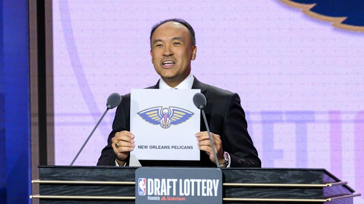May 14, 2019; Chicago, IL, USA; NBA deputy commissioner Mark Tatum reveals the number one pick for the New Orleans Pelicans during the 2019 NBA Draft Lottery at the Hilton Chicago. Mandatory Credit: Patrick Gorski-Imagn Images May 14, 2019; Chicago, IL, USA; NBA deputy commissioner Mark Tatum reveals the number one pick for the New Orleans Pelicans during the 2019 NBA Draft Lottery at the Hilton Chicago. Mandatory Credit: Patrick Gorski-Imagn Images