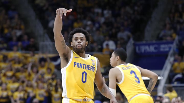 Jan 28, 2023; Pittsburgh, Pennsylvania, USA;  Pittsburgh Panthers guard Nelly Cummings (0) reacts after making a three point basket against the Miami (Fl) Hurricanes during the second half at the Petersen Events Center. Mandatory Credit: Charles LeClaire-USA TODAY Sports