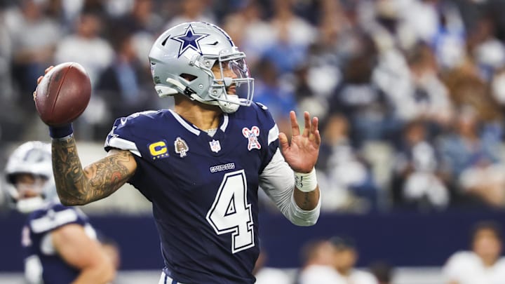 Dec 21, 2025; Arlington, Texas, USA; Dallas Cowboys quarterback Dak Prescott (4) passes against the Los Angeles Chargers during the first quarter at AT&T Stadium. Mandatory Credit: Kevin Jairaj-Imagn Images