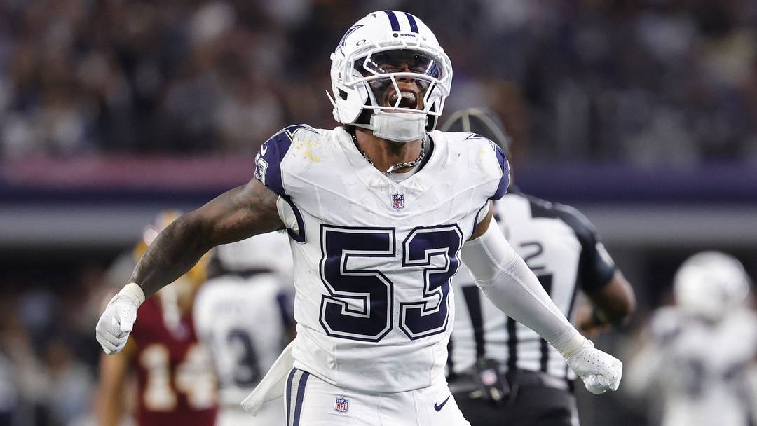 Dallas Cowboys linebacker Dee Winters (53) reacts after a defensive play against the Washington Commanders during the second half at AT&T Stadium. Mandatory Credit: Kevin Jairaj-Imagn Images Dallas Cowboys linebacker Dee Winters (53) reacts after a defensive play against the Washington Commanders during the second half at AT&T Stadium. Mandatory Credit: Kevin Jairaj-Imagn Images