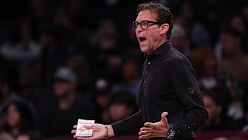 Atlanta Hawks head coach Quin Snyder reacts during the first half against the Brooklyn Nets at Barclays Center.