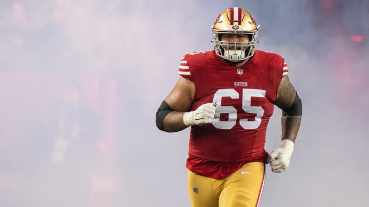 January 20, 2024; Santa Clara, CA, USA; San Francisco 49ers guard Aaron Banks (65) before a 2024 NFC divisional round game against the Green Bay Packers at Levi's Stadium. Mandatory Credit: Kyle Terada-USA TODAY Sports