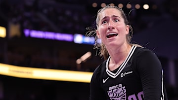 Sep 2, 2025; San Francisco, California, USA; Golden State Valkyries guard Kate Martin (20) reacts after a call during the third quarter against the New York Liberty at Chase Center. Mandatory Credit: Kelley L Cox-Imagn Images