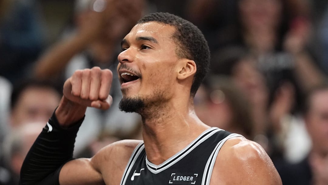 Mar 5, 2026; San Antonio, Texas, USA; San Antonio Spurs forward forward Victor Wembanyama (1) pumps his fist toward the fans at the end of the second half against the Detroit Pistons at Frost Bank Center. Mandatory Credit: Scott Wachter-Imagn Images