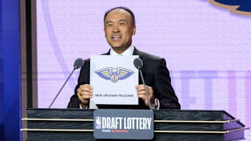 May 14, 2019; Chicago, IL, USA; NBA deputy commissioner Mark Tatum reveals the number one pick for the New Orleans Pelicans during the 2019 NBA Draft Lottery at the Hilton Chicago. Mandatory Credit: Patrick Gorski-Imagn Images