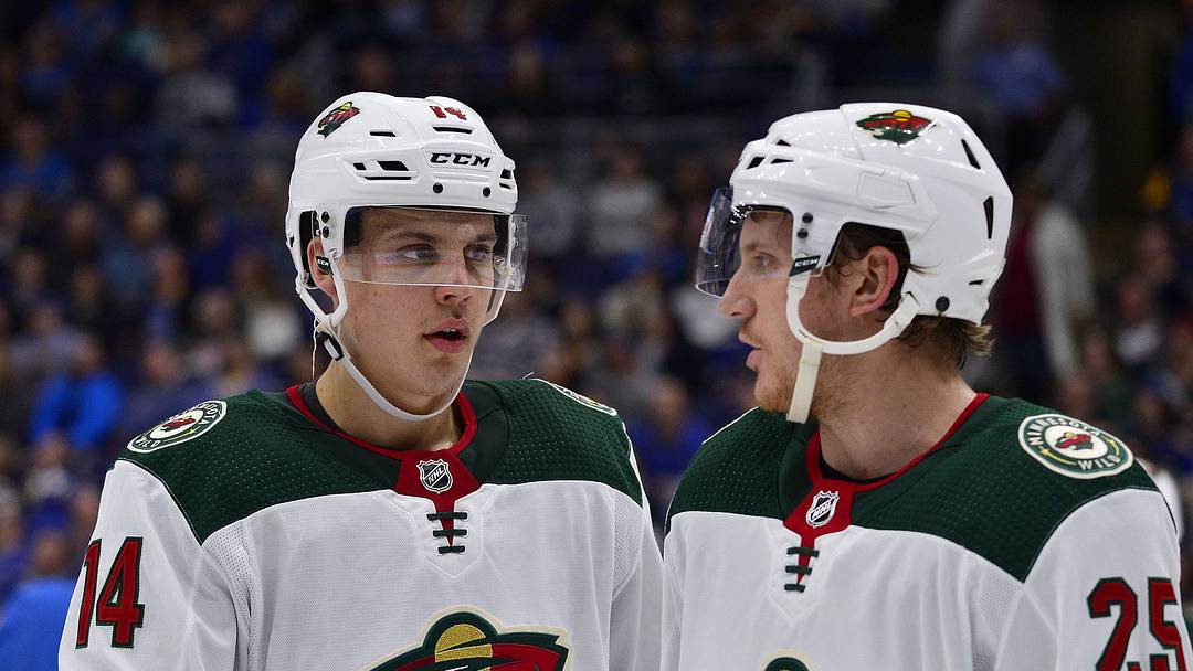 Nov 3, 2018; St. Louis, MO, USA; Minnesota Wild center Joel Eriksson Ek (14) talks with defenseman Jonas Brodin (25) during the second period against the St. Louis Blues at Enterprise Center. Mandatory Credit: Jeff Curry-Imagn Images