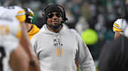 Dec 15, 2024; Philadelphia, Pennsylvania, USA; Pittsburgh Steelers head coach Mike Tomlin on the sidelines against the Philadelphia Eagles at Lincoln Financial Field. Mandatory Credit: Eric Hartline-Imagn Images