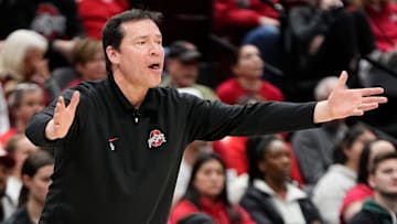Mar 24, 2024; Columbus, OH, USA; Ohio State Buckeyes head coach Kevin McGuff motions during the second half of the women’s NCAA Tournament second round against the Duke Blue Devils at Value City Arena. Ohio State lost 75-63.