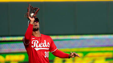 Cincinnati Reds right fielder Will Benson (30) catches a fly ball in the first inning of the MLB game between Cincinnati Reds and Cleveland Guardians at Great American Ball Park in Cincinnati on Saturday, May 17, 2025.