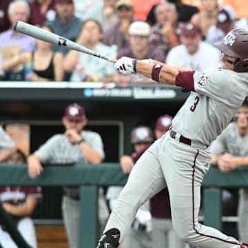 Texas A&M Aggies second baseman Kaeden Kent drives in two runs with a single against the Tennessee Volunteers