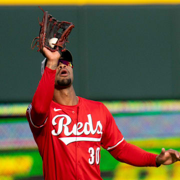 Cincinnati Reds right fielder Will Benson (30) catches a fly ball in the first inning of the MLB game between Cincinnati Reds and Cleveland Guardians at Great American Ball Park in Cincinnati on Saturday, May 17, 2025.