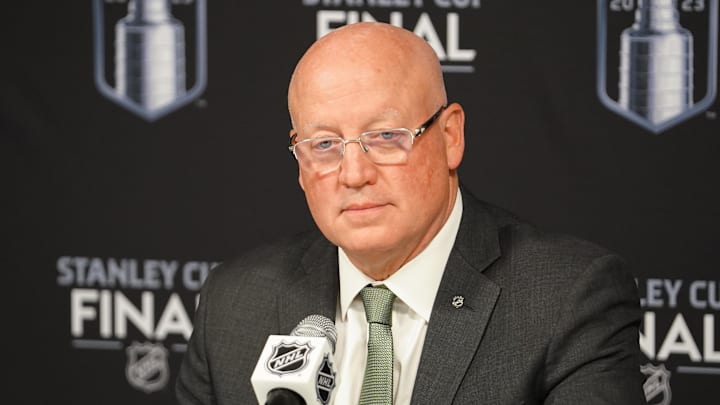 Jun 3, 2023; Las Vegas, Nevada, USA; NHL deputy commissioner Bill Daly speaks at a press conference before game one of the 2023 Stanley Cup Final between the Florida Panthers and Vegas Golden Knights at T-Mobile Arena. Mandatory Credit: Lucas Peltier-Imagn Images