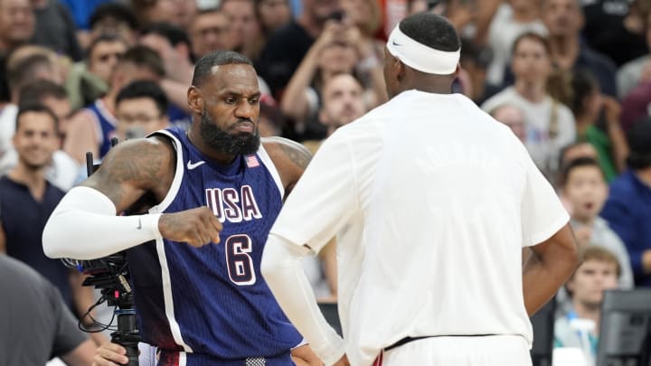 Jul 28, 2024; Villeneuve-d'Ascq, France; United States forward LeBron James (6) before a game against Serbia during the Paris 2024 Olympic Summer Games at Stade Pierre-Mauroy. 